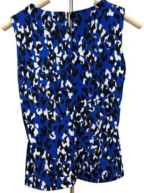 Calvin Klein Sleeveless Top Black Blue Animal Print Pleated Crew Neck Blouse LG